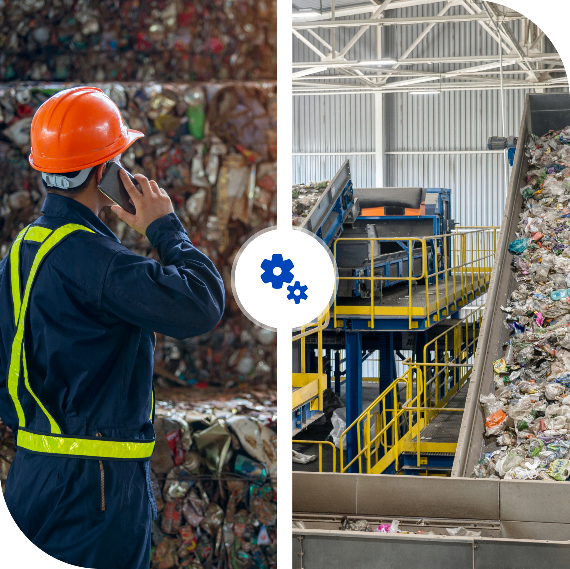 Worker at recycling plant with machinery.